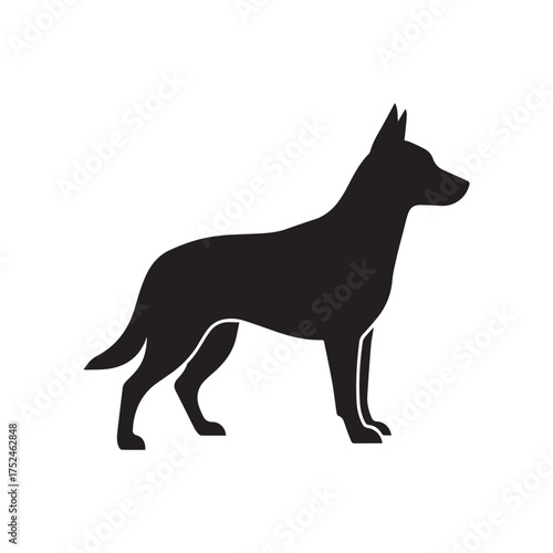 Minimalist black dog icon – stylized silhouette of standing dog with upright ears and muscular build for pet design, guard dog visuals, and breed-themed graphics.