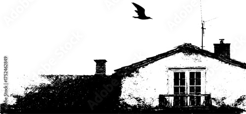 Rustic woodland silhouette with antenna and bird in grunge linocut style for vintage designs