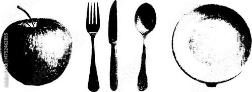 Rustic linocut illustration set featuring apple and tableware for vintage culinary designs