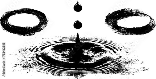 Abstract grunge linocut art with ink arc lines and water droplets for creative design