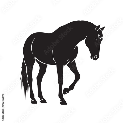 Minimalist black horse icon – stylized silhouette of elegant horse with lowered head, raised leg, and flowing mane for wildlife design, equestrian visuals, and graceful-themed graphics.