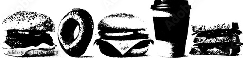 Rustic black and white linocut food set featuring bagel, burger, coffee, and sandwich