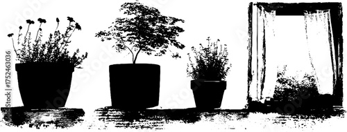 Black and white linocut balcony scene with potted plants and open window for art print design