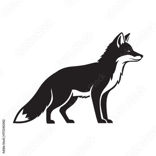 Minimalist black fox icon – stylized silhouette of standing fox with pointed ears and bushy tail for wildlife design, nature visuals, and forest-themed graphics.
