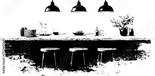 Rustic bar counter with stools and hanging lights in grunge linocut style for vintage decor