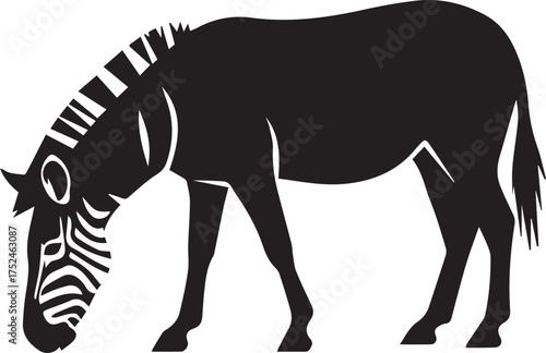 Minimalist black zebra icon – stylized silhouette of grazing zebra with bold stripe accents for wildlife design, nature visuals, and safari-themed graphics.