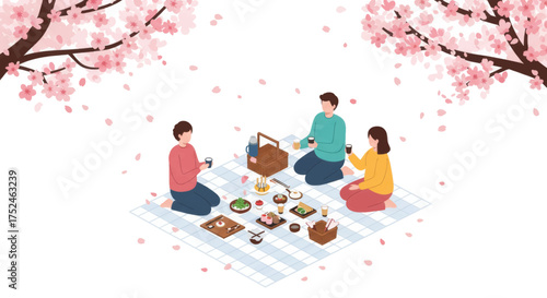 Springtime Picnic Under Blooming Cherry Blossoms with Friends and Family Enjoying Food and Drinks