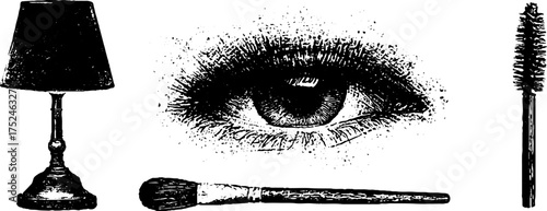 Grunge linocut illustration of lamp, eye, and makeup tools - vintage design for art prints