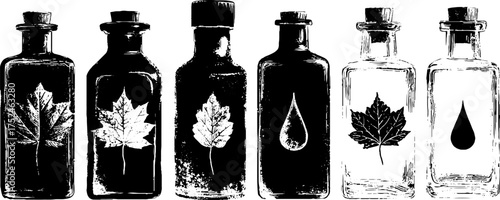 Rustic linocut leaf and bottle design for vintage decor and print