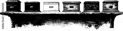 Rustic wooden box drawers in grunge linocut style for vintage decor