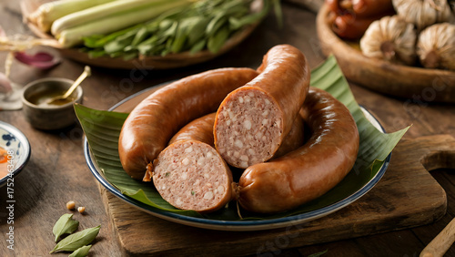 Lao cuisine - Sai kok. Thick pork sausage.