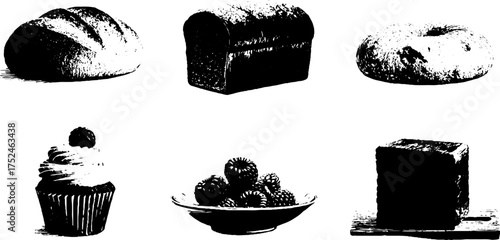 Black and white linocut set of bread, pastry, and sweets for vintage bakery design