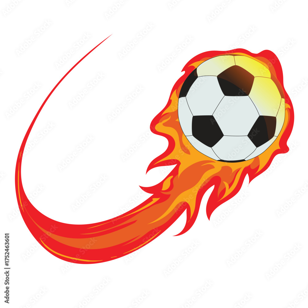 Fototapeta premium Classic black and white soccer ball with long flame tail, representing energy, strength, and speed. Perfect for sport branding, football posters, and power shot design concepts.