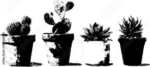 Black and white grunge linocut cactus set for home decor and art projects