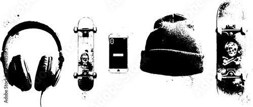 Black and white grunge linocut illustration of cap, hoodie, and accessories set for urban design