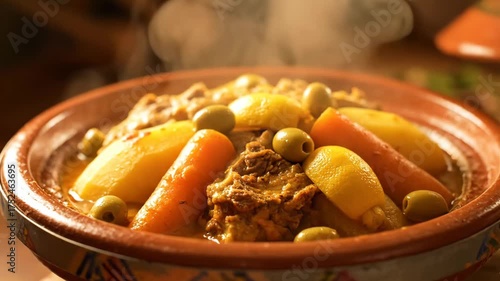 Steaming authentic Moroccan chicken or lamb tagine being prepared and served