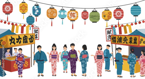 Vector illustration of a Japanese summer festival scene with people in yukata and lanterns hanging over stalls