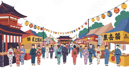 Vibrant Japanese Festival Street Scene with Traditional Stalls and People in Yukata