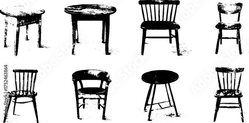 Rustic coffee table and chair set linocut design for vintage decor