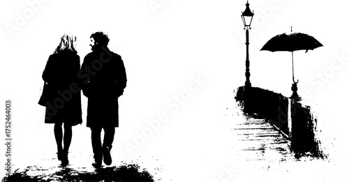 Romantic stroll in grunge black and white linocut art for vintage print design