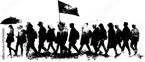 Grunge linocut crowd silhouette set for artistic and vintage design projects