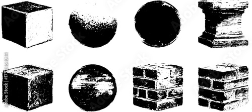 Abstract grunge linocut shapes set – cubes, columns, and spheres for design projects