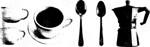 Rustic coffee set in black and white with cups, saucers, and cutlery linocut design