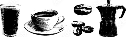 Rustic linocut set of coffee cups and espresso maker - grunge black and white illustration for coffee lovers