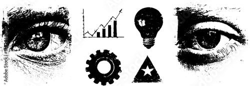 Black and white grunge linocut set of eye, cursor, and symbols for creative design