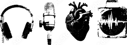 Grunge linocut style sound and heartbeat illustration set for creative design