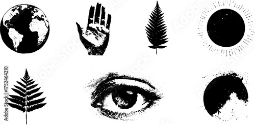 Black and white grunge earth and nature linocut illustration set for artistic design