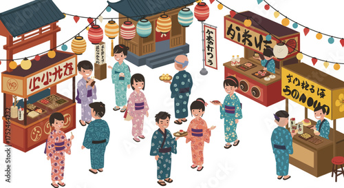 Japanese Festival Scene with People in Yukata and Food Stalls