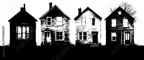 Black and white grunge linocut illustration of four facades
