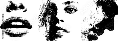 Expressive face contours in grunge linocut style for art and design projects