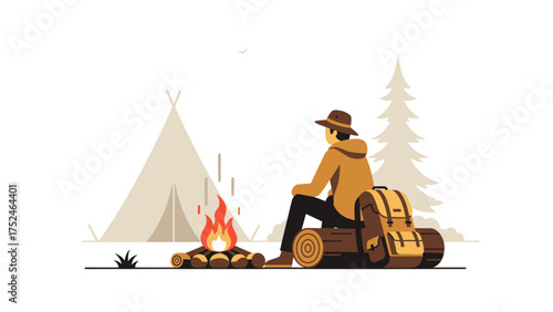 Traveler Sitting Campfire Tent Log Wood Outdoor Relaxing Vector Scene