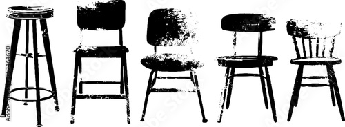 Black and white grunge linocut of vintage high bar chairs for artistic design
