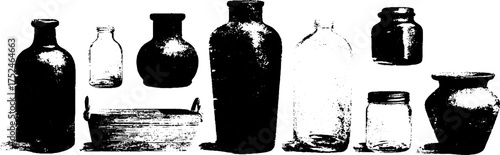 Rustic linocut illustration set of vintage jars and containers for decorative design