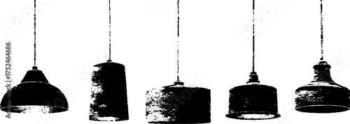 Rustic linocut hanging lamps collection - grunge black and white design for posters or cards