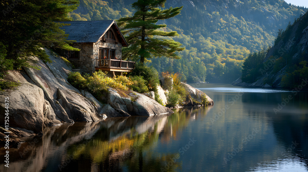 Fototapeta premium Secluded cabin overlooking mountain lake with peaceful reflection 