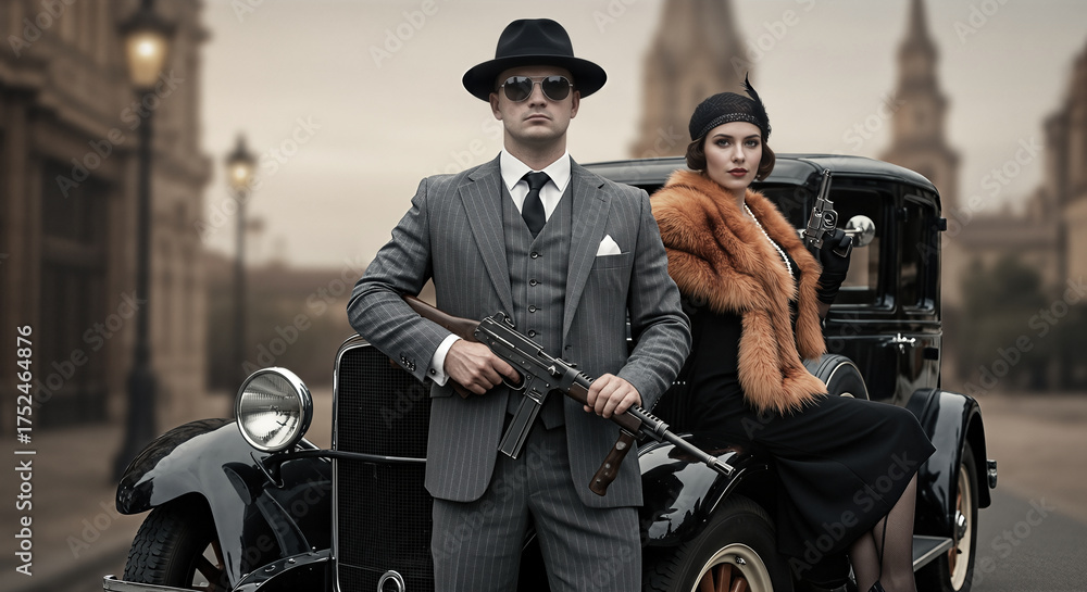 Fototapeta premium 1920s gangster couple in elegant clothes and armed poses in front of a vintage car evoking the Prohibition era