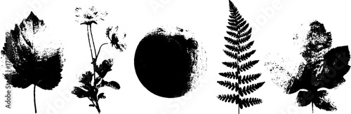 Black and white grunge linocut illustration set featuring leaves and roots for design projects