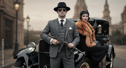 1920s gangster couple in elegant clothes and armed poses in front of a vintage car evoking the Prohibition era