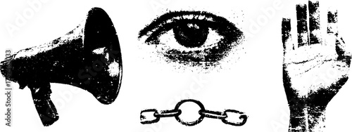 Grunge linocut megaphone and symbol set for artistic design, print, poster