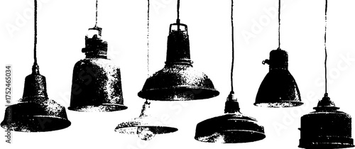 Industrial metal lamps linocut illustration set for vintage design and décor