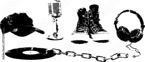 Retro music elements in black and white linocut style for creative design