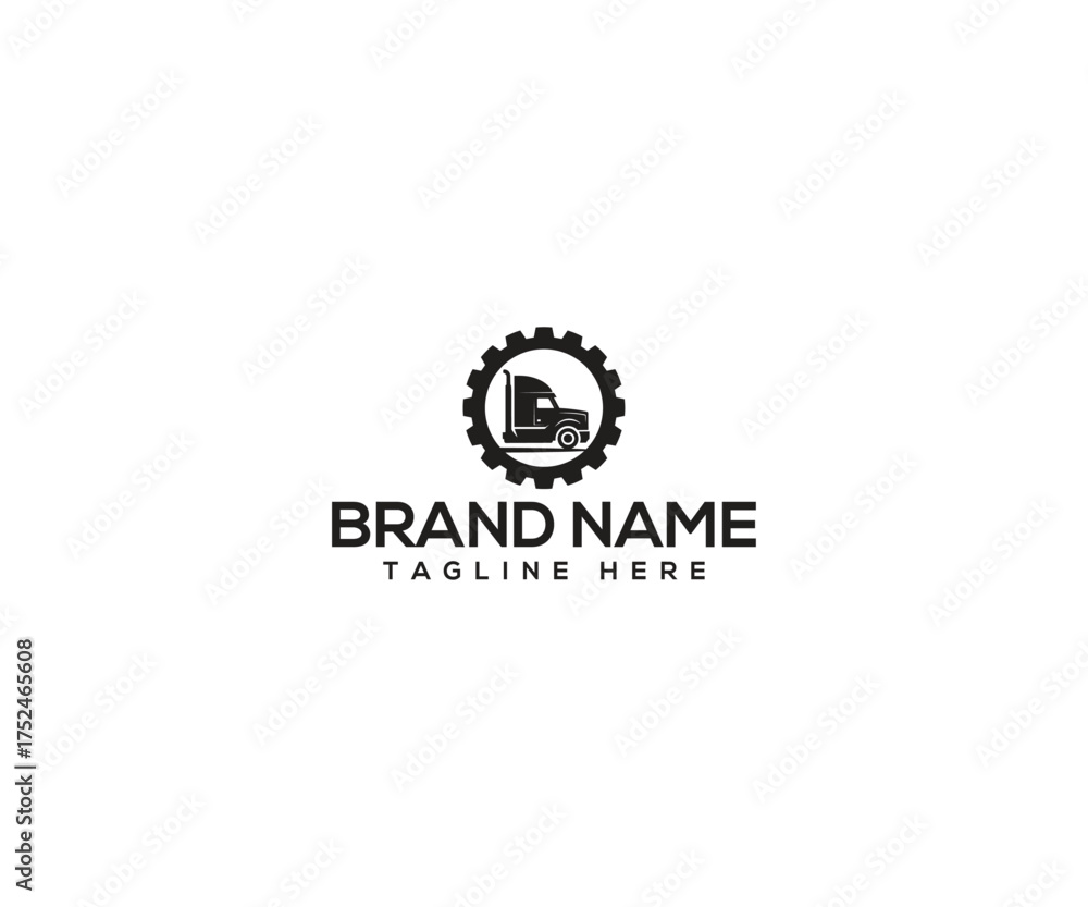 Fototapeta premium Gear and Truck Logo: A sleek, industrial-inspired logo showcases a truck enveloped by a gear, symbolizing precision, reliability, and the robust spirit of the transport industry.