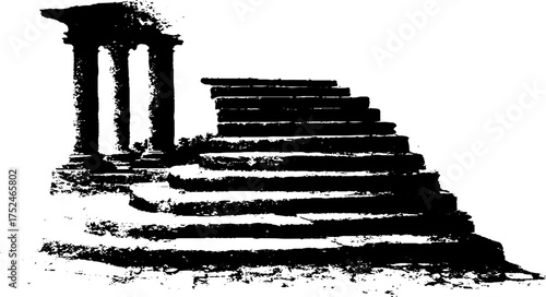 Grunge linocut illustration of ancient ruins with stone steps and pillars - design for posters and prints