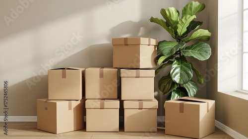 Cardboard moving boxes stacked beside a large leafy plant near a window