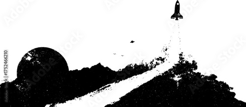 Celestial adventure: black and white linocut rocket scene for vintage design