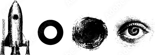 Black and white grunge linocut rocket and cosmic symbol set for design projects